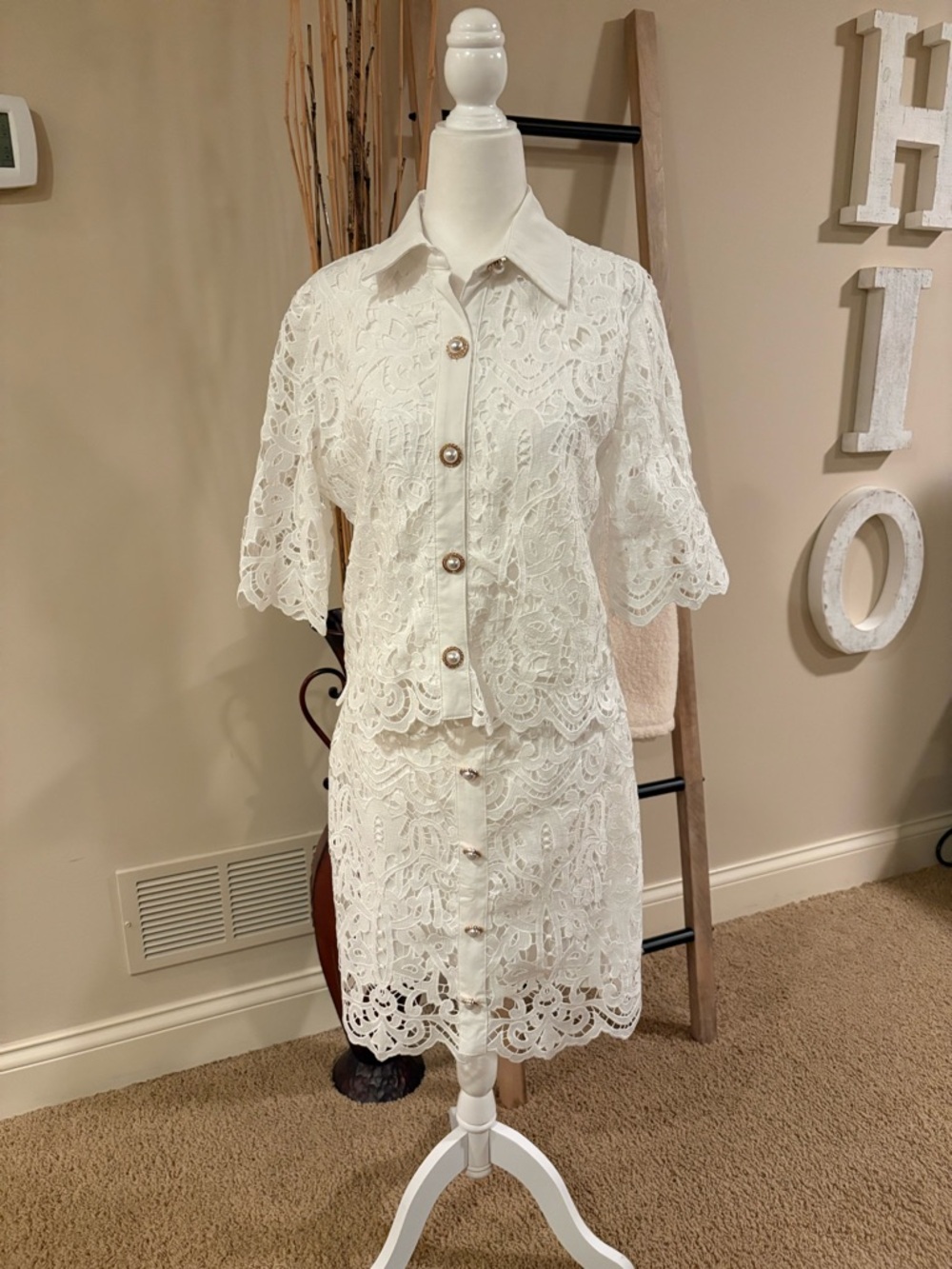 White Lace Button-Front Two-Piece Set